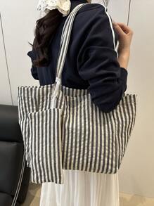 Bolso de gran capacidad de estilo casual a rayas, bolso de compras, vacaciones y escuela, set de 2 piezas con monedero y dije