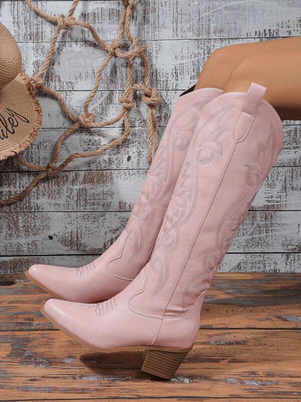2025 Spring/Autumn New Women Plus Size Embroidered Western Style Leather Knee-High Boots, Outdoor Fashion