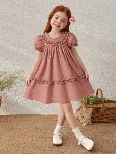 Vestido de niña con estilo francés vintage, de manga corta arrugada, con estampado floral ditsy rosa - Necesario casual para un estilo suave, los volantes y el diseño con ribete de volantes vintage muestran una vibra y una suavidad, el sencillo acento floral muestra una elegancia femenina, ideal para uso diario o salidas de primavera/otoño, adecuado para niñas de 4 a 7 años, primavera/verano