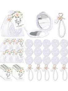 32/16/4 pièces Ensemble de miroirs à fleurs de rose blanche, cadeau de mariage, miroir à motif rose, porte-clés en perle blanche, carte de remerciement florale avec sac en organza, ensemble de faveurs élégantes, cadeau de mariée, convient pour les cadeaux aux invités, fournitures pour fête de mariage, faveurs de mariage, outils de maquillage sculptés en rose, miroir de maquillage double face