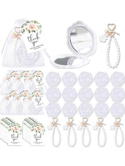 32/16/4pcs White/Pink Rose Flower Mirror Set, Wedding Gift, Rose Pattern Mirror, Pearl White Keychain, Floral Thank You Card With Organza Bag, Elegant Favor Set, Bridal Gift, Suitable For Gifts To Guests, Wedding Party Supplies, Wedding Favors, Rose Carved Makeup Tools, Double-Sided Makeup Mirror