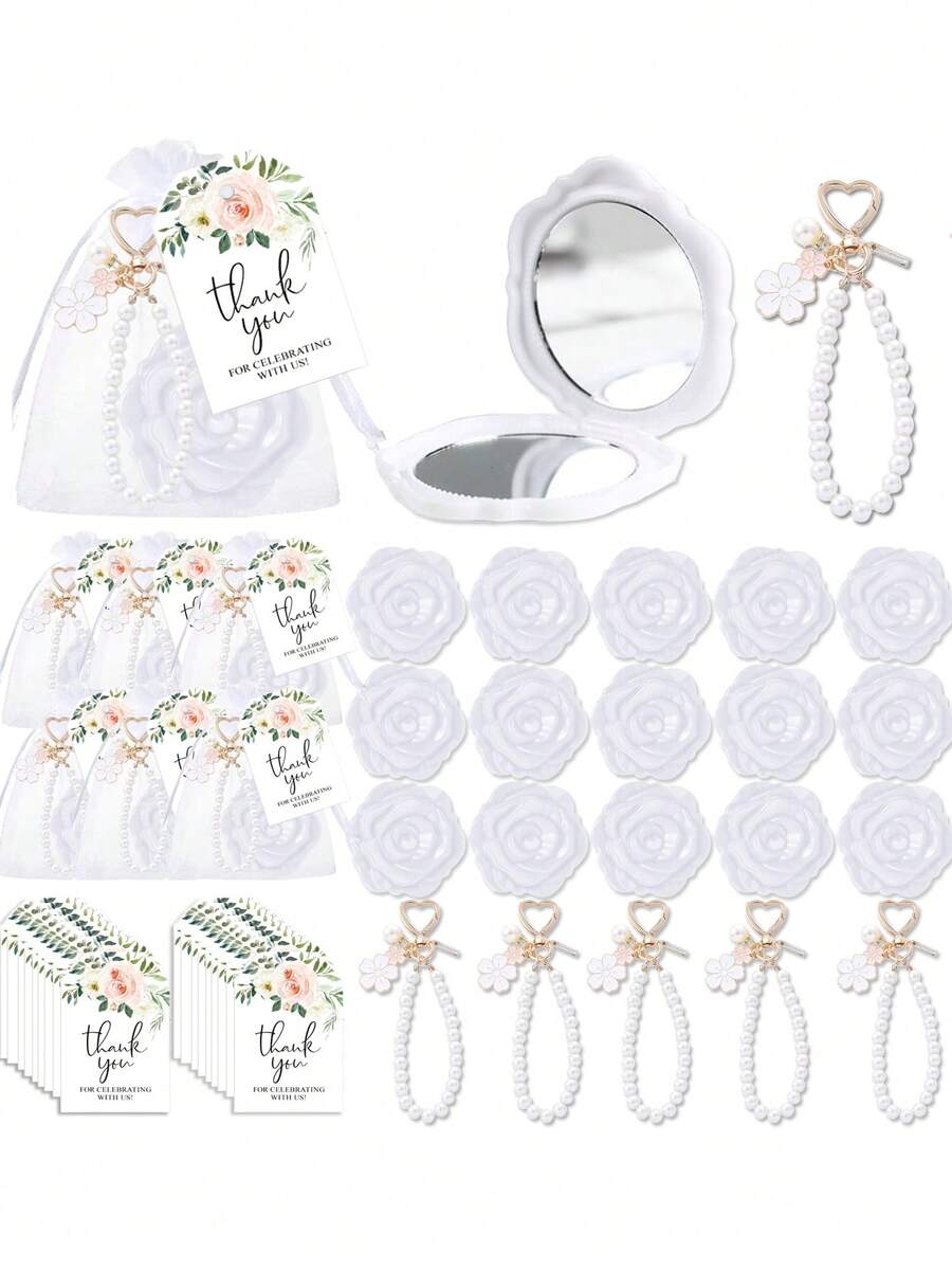 32/16/4 pièces Ensemble de miroirs à fleurs de rose blanche, cadeau de mariage, miroir à motif rose, porte-clés en perle blanche, carte de remerciement florale avec sac en organza, ensemble de faveurs élégantes, cadeau de mariée, convient pour les cadeaux aux invités, fournitures pour fête de mariage, faveurs de mariage, outils de maquillage sculptés en rose, miroir de maquillage double face