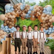 123pcs Gray Blue And Brown Latex Balloon Wreath Arch Kit, Cartoon Bear Baptism Decoration Bohemian Style Blue Brown Balloons, Used For Gender Revealing And Birthday Parties, Forest Parties, Weddings, Home Decor And Outgoing Decor.