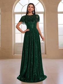 YISIKADO Women's Elegant Luxury Sequin & Bead Decor Shawl Collar Evening Dress - 墨綠色 - 查看 3