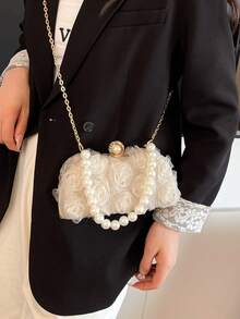 1pc New Fashion Women Clutch Handbag, Elegant Minimalist Solid Color With Rose Decor, Metal Clasp Closure, Pearl Chain, Sophisticated Design For Party, Wedding, High-End Quality
