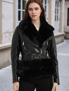 女士羊毛豌豆大衣人造毛皮夹克冬季保暖派克大衣配腰带