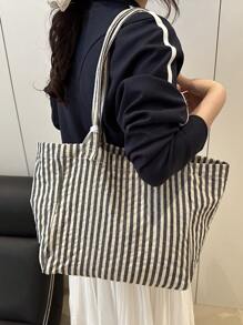 Bolso de gran capacidad de estilo casual a rayas, bolso de compras, vacaciones y escuela, set de 2 piezas con monedero y dije