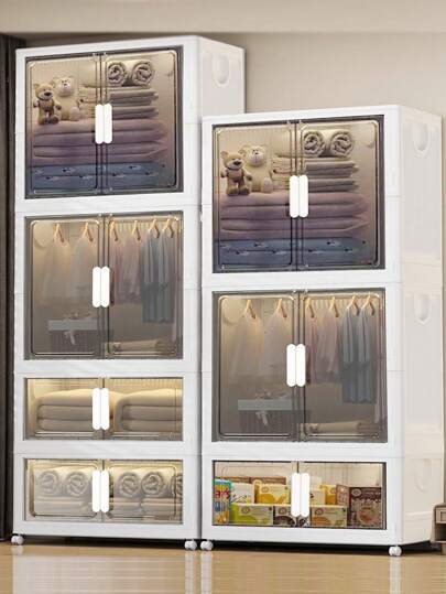 Armario de almacenamiento doméstico multicapa de 5/4/3/2/1 capa, plegable sin montaje, de alta capacidad, de plástico, con ruedas y puertas