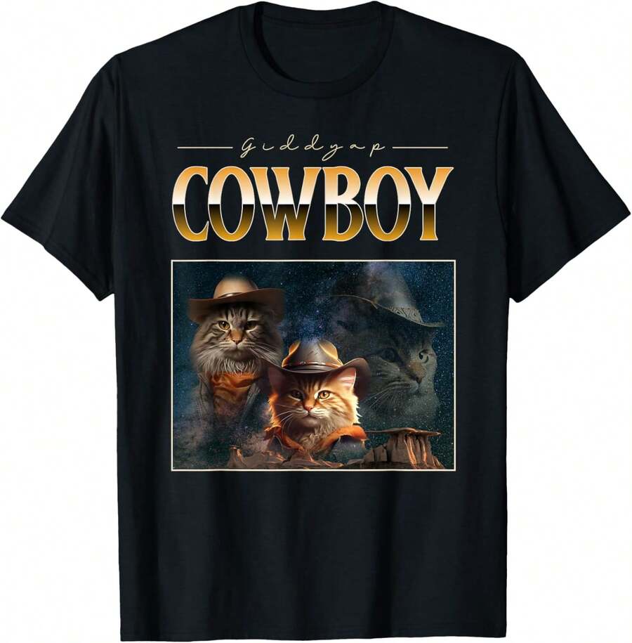 1 Pack Men's T-Shirt Camiseta divertida con meme vaquero, gato y gatos del campo - Negro - Ver 1