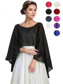 一件优雅女士雪纺披肩/围巾，柔软伴娘披肩，抗皱短前长后纯色雪纺披肩，婚礼罩衫，不对称披肩，多功能套头衫，适合伴娘、婚礼、正式场合、春夏秋季连衣裙穿着。 - 彩色 - 查看 6