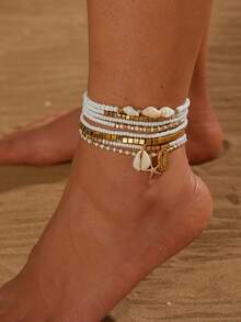 8pcs Fashionable Premium Versatile Niche Design Simple Multi-Layer Anklet Set, Cube Metal With Rice Pearl Beads, Starfish & Sea Shell Pendant, Mix-Match Suitable For All Occasions, Gift Choice - Multicolor - View 1