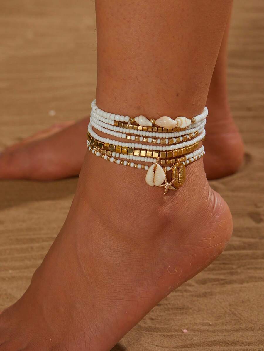 8pcs Fashionable Premium Versatile Niche Design Simple Multi-Layer Anklet Set, Cube Metal With Rice Pearl Beads, Starfish & Sea Shell Pendant, Mix-Match Suitable For All Occasions, Gift Choice - Multicolor - View 1