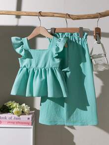 BASUSARRI 2pcs/Set Girls Ruffled Vest Top With 3D Jacquard Mesh Pants, Elegant Chinese Style Outfit For Summer - Green - View 3