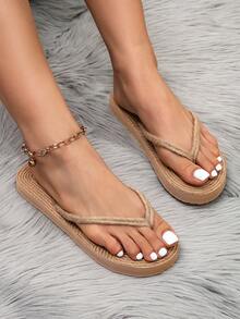 Damskie modne płaskie sandały ze słomy plecionej, swobodne letnie plażowe klapki wsuwane