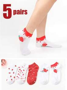 5 Pairs Strawberry And Heart Pattern Cute Sweet Women Short Socks, Spring/Summer - Red - View 2