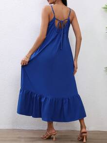 V-Neck Strap Ruffle Hem Long Dress With Pockets Party Summer - Blue - View 5
