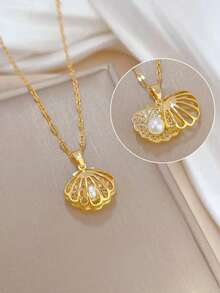 1pc Stainless Steel Micro-Inlaid Zirconia Hollow Shell & Pearl Necklace - Yellow Gold - View 3