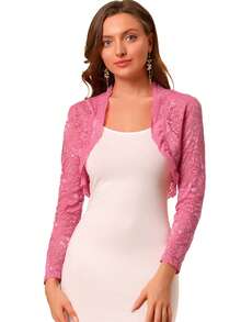 Women's Spring Summer Crop Cardigan Scalloped Hem Floral Lace Sheer Open Front Shrug Top - Rose Pink - View 4