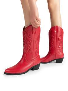 Women's Cowboy Boots Embroidery Stitching Pull-On  Almond Pointed Toe Chunky Heel Fashion Matching Dress Red Mid-Calf Boots - Đỏ - Xem 6
