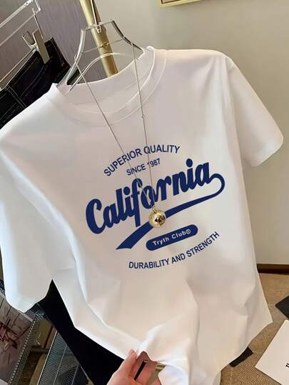 Cotton White English Print Short Sleeve Mid-Length T-Shirt, Women Top, Stylish Graphic Print