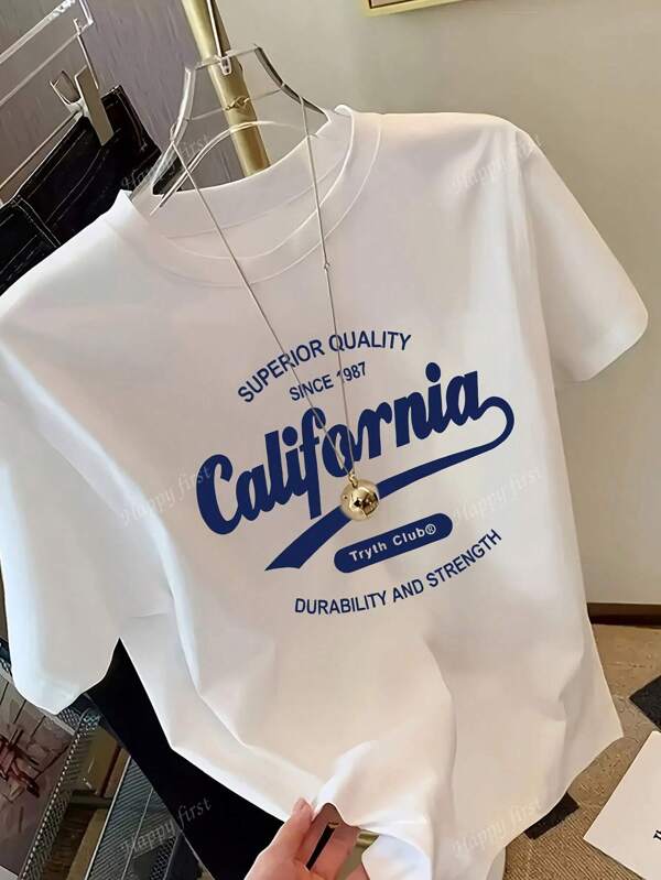 Cotton White English Print Short Sleeve Mid-Length T-Shirt, Women Top, Stylish Graphic Print