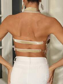Áo ngực corset đính pha lê thêu hình bướm, dây thun kim loại, có vòng cổ - Màu xanh lá cây đậm - Xem 2