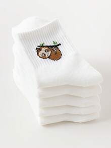 5 Pairs Unisex Casual Cute Cartoon Sloth Animal Print Crew Socks, Comfortable And Fashionable, Suitable For Summer Skirts, Shorts, And Flats Outfit Pairing, Spring/Summer All Season, Exclusive Design, Fall - White - View 7