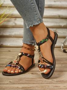 Women's Wide Flat Sandals, Fashion Bohemian Retro Retro Style Sandals, Luxury Comfortable Sandals, Versatile Sexy Sandals, Lightweight Party/Beach/Casual Sandals - Black - View 3