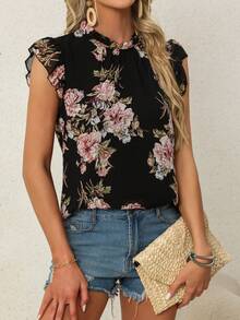 Women's Summer New Ruffled Collar Pleated Blouse, Casual Vacation Travel Ladies Floral Chiffon Shirt, Elegant Short Sleeve Ruffle Hem Pullover Top - Black - View 3