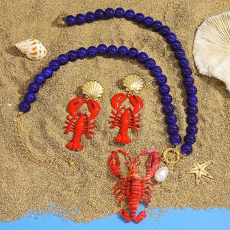 3 stuks ronde kralen Bohemian stijl emaille legering kreeftvormig ontwerp dames hanger kettingen, zomer strand rivierkreeft blauwe kralen kettingen oorbellen set, geschikt voor strandvakantie dragen