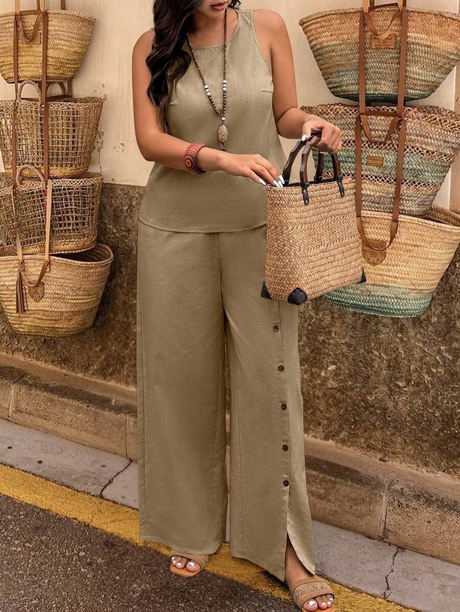 Plus Size Women Summer Simple Solid Color Tank Top And Button Fly Wide Leg Pants 2 Pieces Set