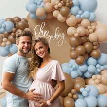 123pcs Gray Blue And Brown Latex Balloon Wreath Arch Kit, Cartoon Bear Baptism Decoration Bohemian Style Blue Brown Balloons, Used For Gender Revealing And Birthday Parties, Forest Parties, Weddings, Home Decor And Outgoing Decor.