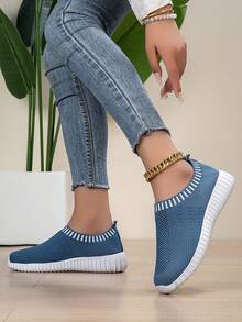 女士透气针织运动鞋休闲系带户外鞋轻便纯色鞋个性化舒适简约 EVA 女鞋 - 寶藍色 - 查看 9