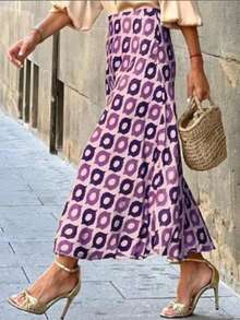 女士复古印花优雅通勤半身裙，适合办公室穿着、约会下午茶等场合，精致长裙 - 紫色 - 查看 1