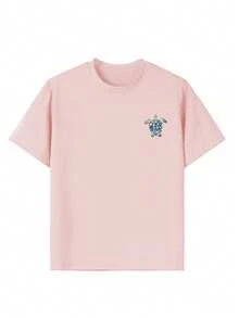 青少年女孩休闲趣味印花圆领短袖 T 恤，夏季上衣 - 粉色 - 查看 4