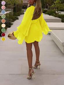 Women's Elegant Chiffon Casual/Holiday Multilayer Ruffle Hem Loose Dress, Boho/Bohemian Style, Suitable For Spring/Summer - Yellow - View 5