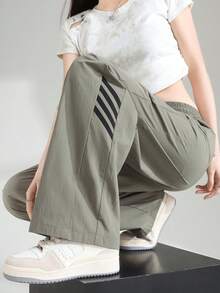 JUTU 春夏秋季休闲宽松长裤，侧边条纹，抽绳腰带，带口袋，街头风 - 0A90水泥灰拼黑 - 查看 6