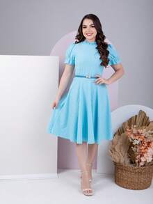Women's Midi Dress With Belt Romantic Luxury Lese Cotton High Neck Elegant Modest Beautiful Party Wedding Zipper Buttons - 淺藍色 - 查看 1