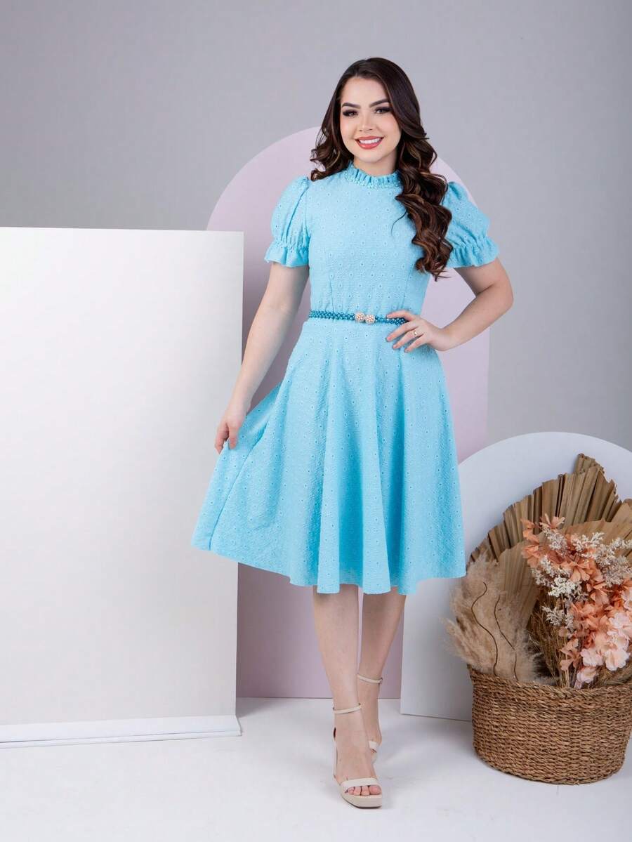 Women's Midi Dress With Belt Romantic Luxury Lese Cotton High Neck Elegant Modest Beautiful Party Wedding Zipper Buttons - 淺藍色 - 查看 1