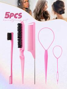 5/7件套美发工具套装，包含法式编发工具环、9排尼龙软垫造型刷、200毫升连续喷雾瓶、蓬松发梳、尖尾梳、边缘梳（用于梳理发际线和后脑勺）、边缘控制梳、尖尾梳、长钢针尖尾蓬松梳、精准分缝梳、蓬松梳发刷、返校季、发刷、发刷 - 彩色 - 查看 13