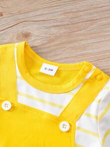 男婴卡通大象围兜二合一条纹短袖连体衣，夏季 - 黃色 - 查看 3