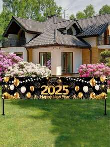 1 件，2025 新年快乐横幅，40*200 厘米涤纶黑金气球烟花倒计时时钟图案新年悬挂横幅，适用于家庭围栏庭院标志、花园、室内室外装饰欢迎活动装饰，2025 年新年快乐庆祝派对装饰，圣诞节 - 彩色 - 查看 3