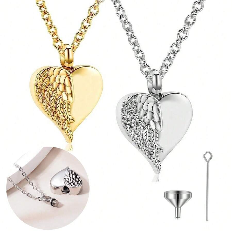 Colares de urna com asas de anjo para cinzas, colar de urna de prata/ouro para cinzas, joias de cremação para cinzas para mulheres e homens, joias para guardar memórias - formato de coração - Ver 1