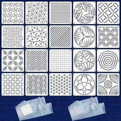 DONQE 20pcs Sashiko Stencils, Geometric Embroidery Templates, 5.1" Plastic Stabilizers, For Hand Quilting, Sewing, Drawing, Crafting