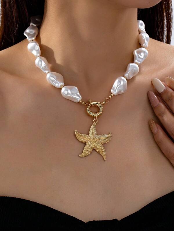 1 Pieza Collar con colgante de estrella de mar y perlas barrocas falsas para mujeres, collar grueso con mosquetón y colgante de estrella de mar, joyería de playa de estilo de vida marino para vacaciones de verano, collar de playa bohemio
