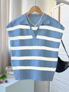 Frühling/Sommer Neu Vintage gestreifter Kontrast-Farbkragen ärmelloser Strickpullover, lässiger Oversize Pullover, modischer Pendler-Top, Neues Jahr Neuer Stil - -Girlande - Übersicht 2