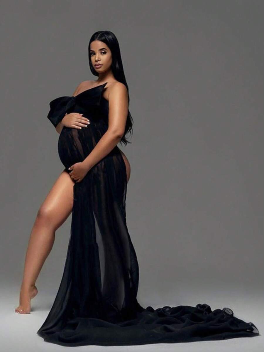 JustVH Maternity Big Bow Tube Top Maxi Chiffon Dress For Photoshoot Women Sexy Outfits