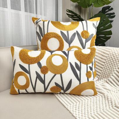 1pc Flower Embroidery Decor Cushion Cover Without Filler, Modern Canvas Decorative Throw Pillow Case For Living Room, Home Decor