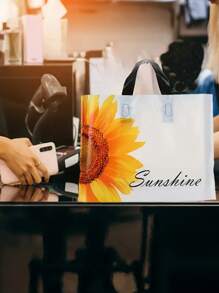 50 Peças Sacos de Presente de Plástico Reutilizáveis com Estampa Brilhante de Girassol, Design em Forma de Coração, Adequado para Compras, Festa e Ocasiões Especiais - Perfeito para Casamento, Festa de Aniversário, Decoração de Feriados, Dia das Mães, Cerimônia de Formatura, Sacos de Presente de Decoração de Girassol, Presentes de Inauguração, Comemorações de Aniversário, Decorações de Festa de Primavera/Verão, Sacos de Compras de Roupas