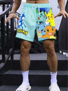 pokemon Pantalones cortos de verano informales para hombres con estampado de dibujos animados y cordón a la cintura